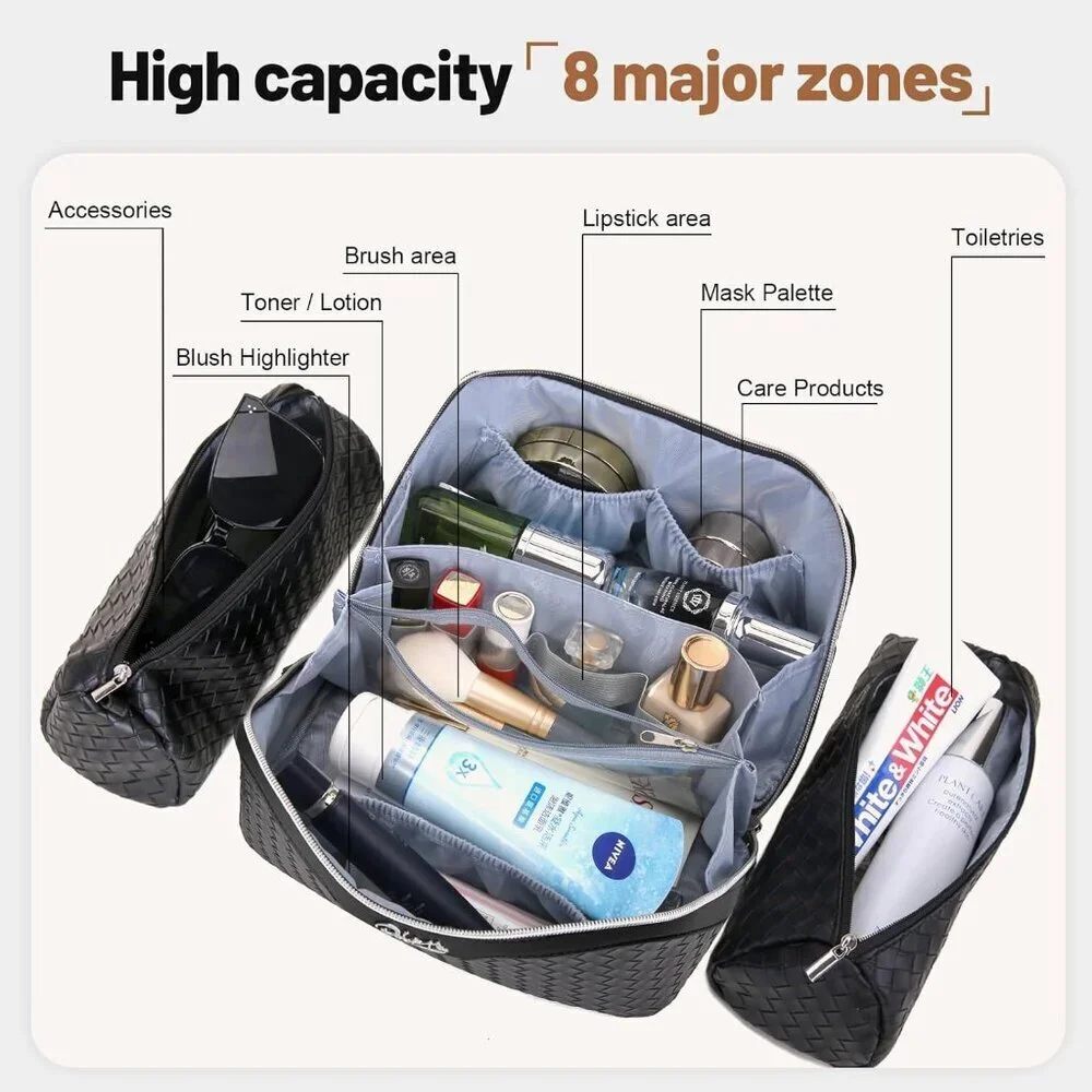 for Women: 3 Pcs Large Make up Bags Set - Vegan Leather Cosmetic Bag for Traveli